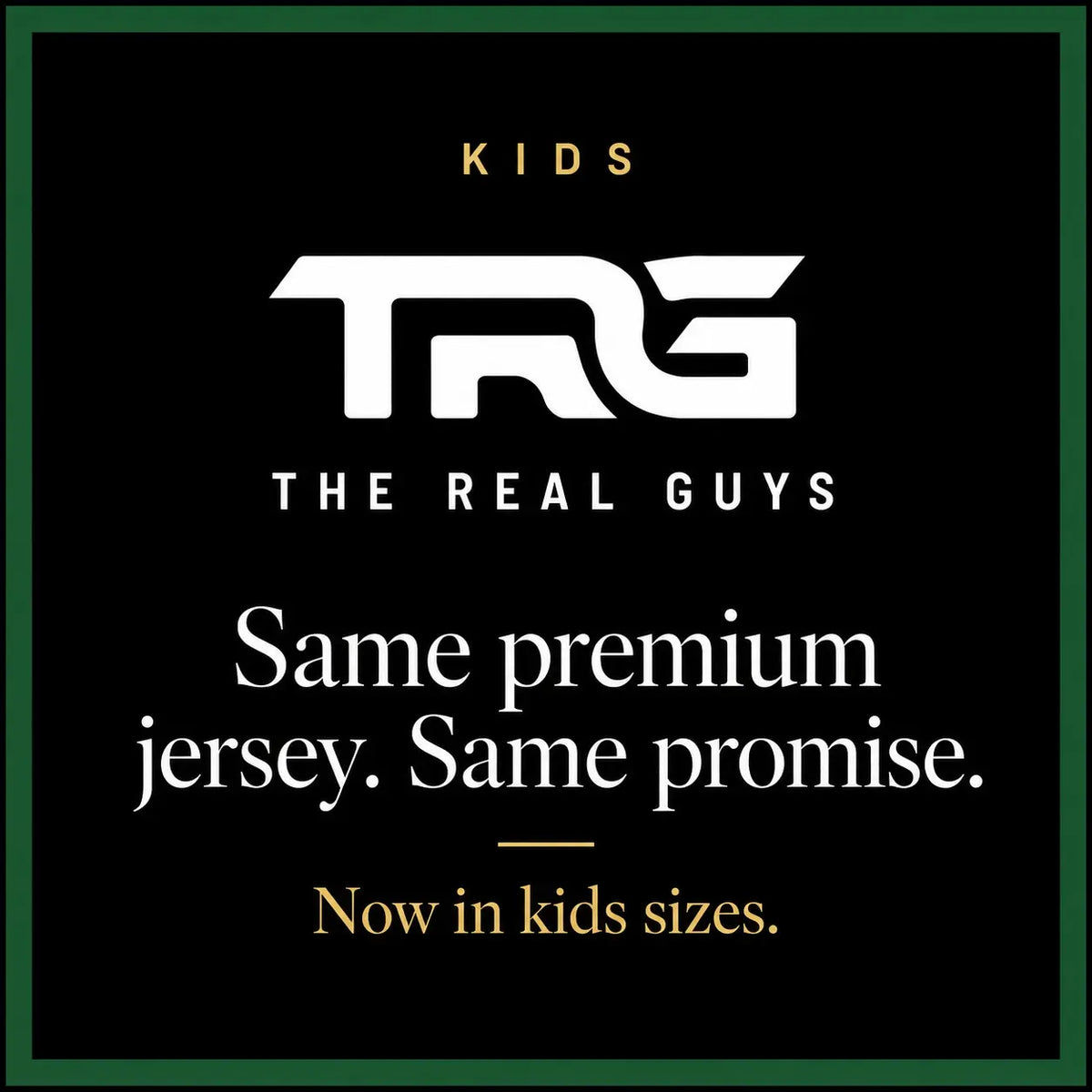 TRG Kids Palestine Jersey announcement card featuring The Real Guys logo and the words “Same premium jersey. Same promise. Now in kids sizes.”