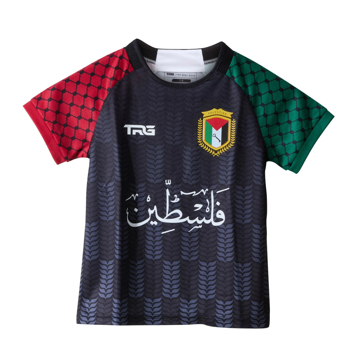 Angled back view of the black TRG Kids Palestine football jersey showing the rear design and sleeve pattern.
