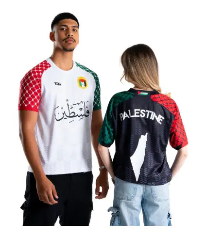 Free Palestine football shirts white and black, front and back view on male and female models