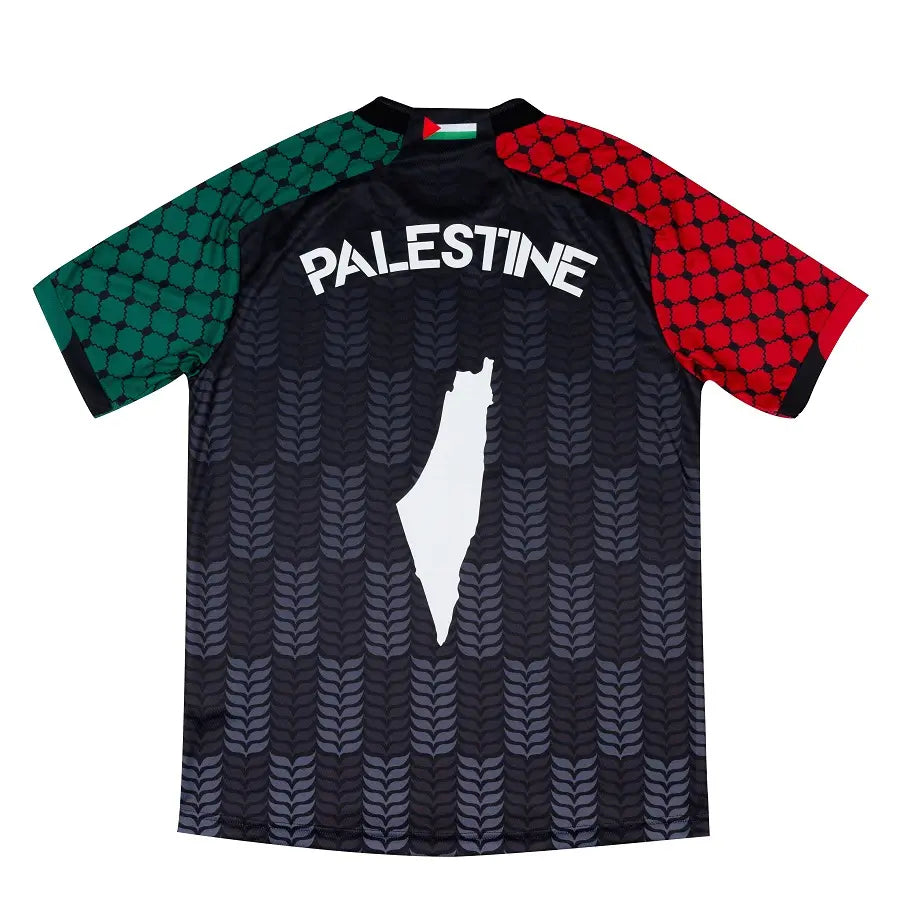 Back view of Free Palestine black shirt with map of Palestine graphic