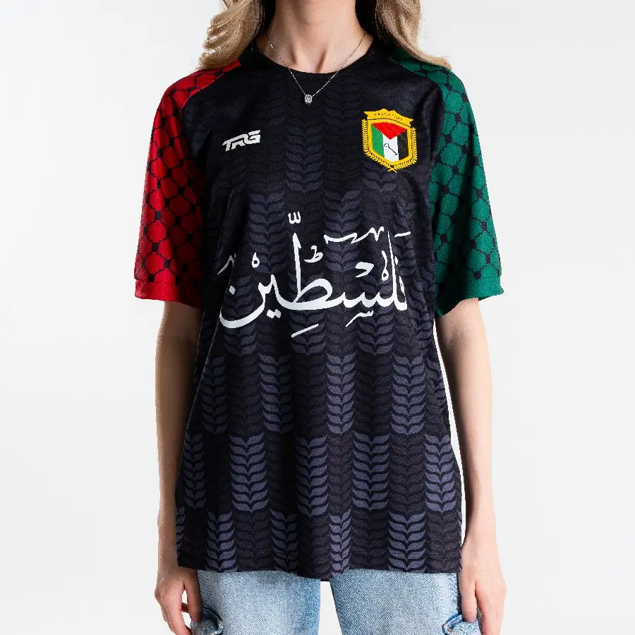 Free Palestine black shirt front view worn by female model