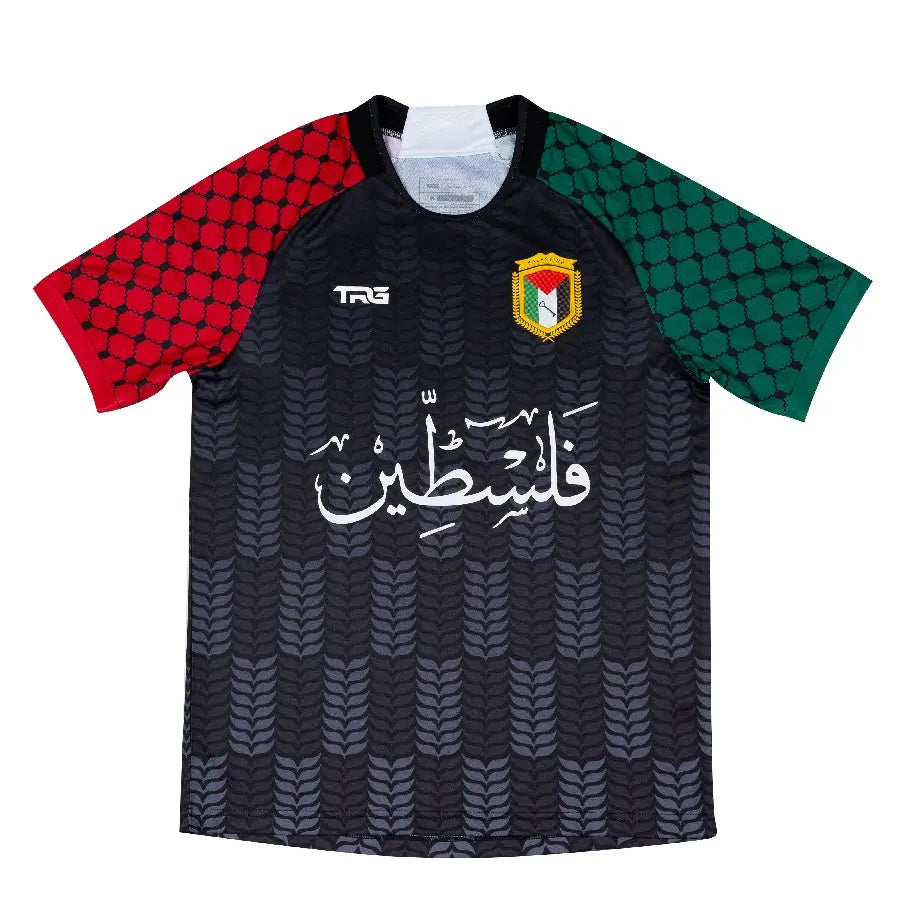 Front view of Free Palestine black shirt with Arabic text and crest