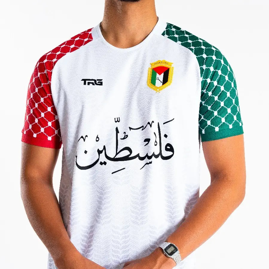 Front view of Free Palestine white shirt worn by male model