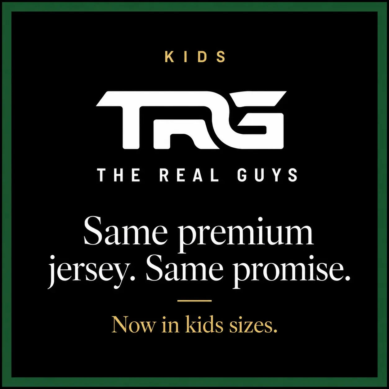 TRG Kids Palestine Jersey announcement card featuring The Real Guys logo and the words “Same premium jersey. Same promise. Now in kids sizes.”