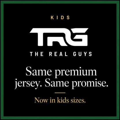 TRG Kids Palestine Jersey announcement card featuring The Real Guys logo and the words “Same premium jersey. Same promise. Now in kids sizes.”