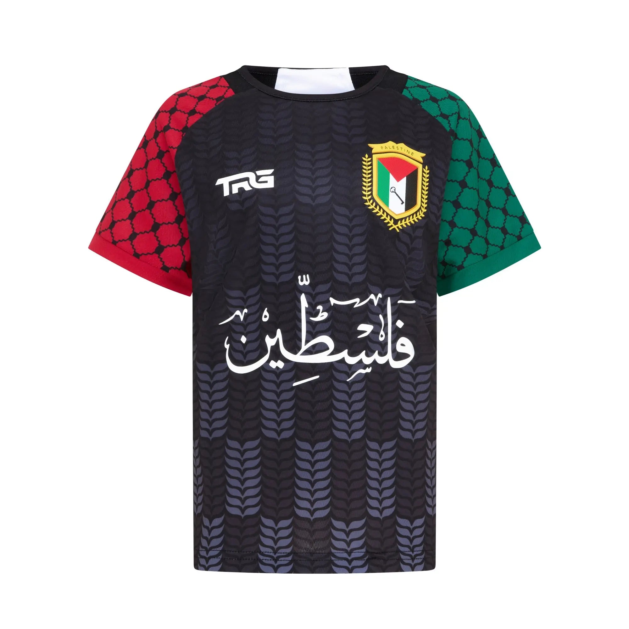 Front view of the black TRG Kids Palestine football jersey with Arabic calligraphy and red and green sleeves.
