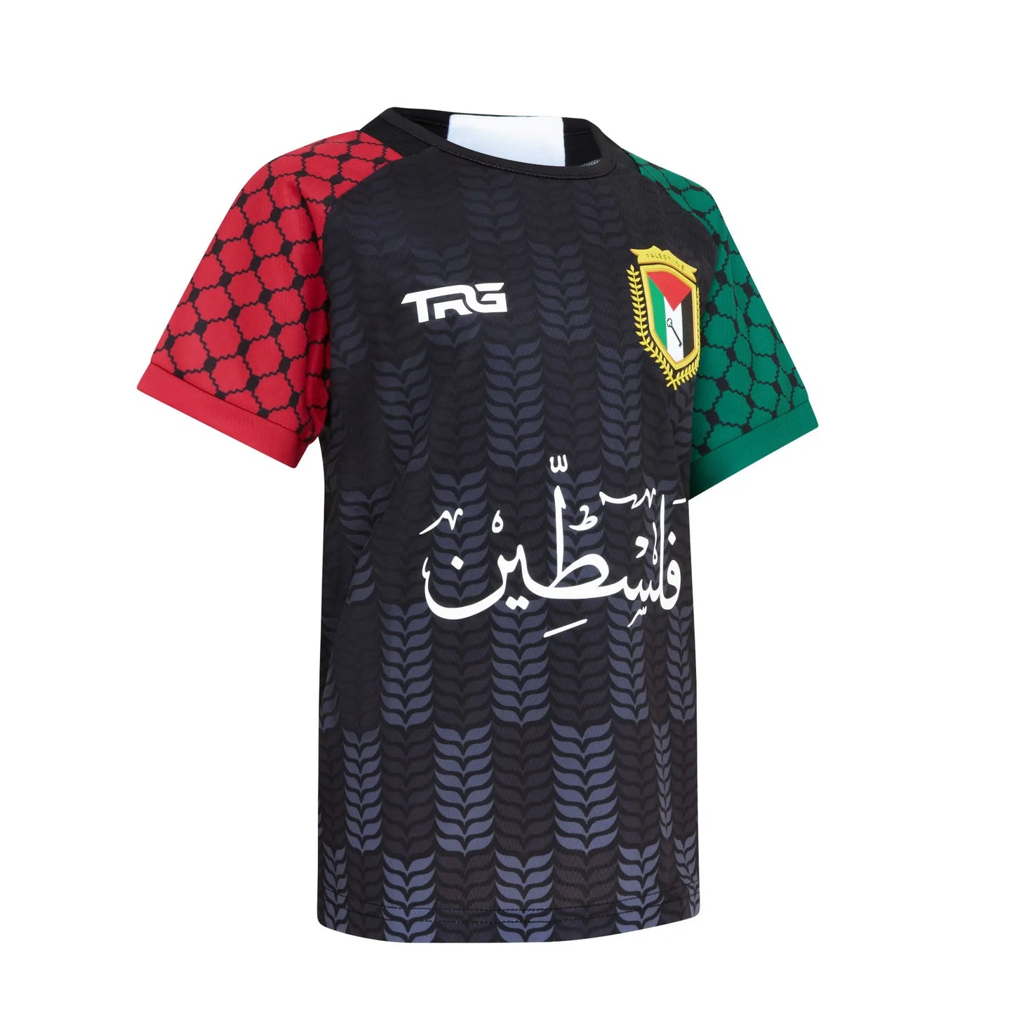 Close-up of the black TRG Kids Palestine football jersey fabric and Arabic calligraphy detail.