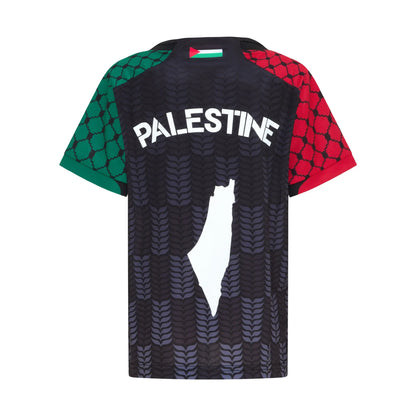 Back view of the black TRG Kids Palestine football jersey on a white background, featuring “PALESTINE” lettering, the white map design and red and green patterned sleeves.