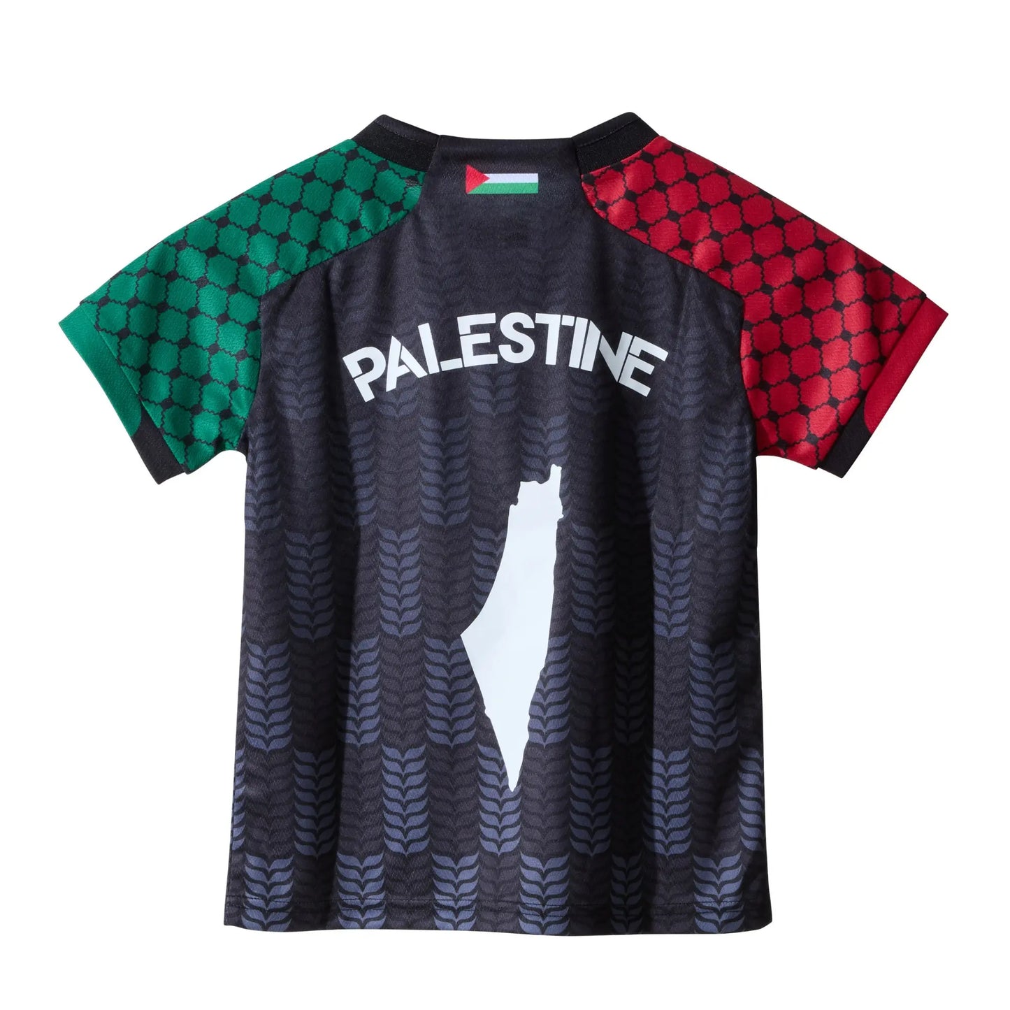 Back view of the black TRG Kids Palestine football jersey with Palestine lettering across the shoulders.