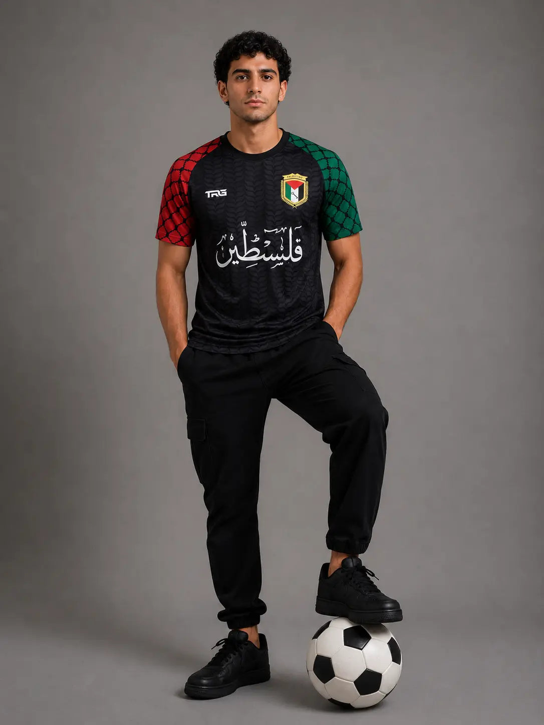 Black short sleeve Palestine jersey · front view · The Real Guys