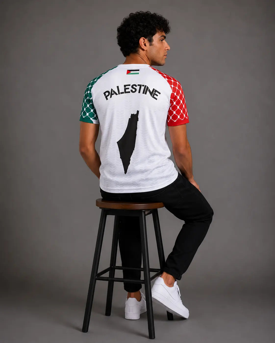 White short sleeve Palestine jersey · back view · The Real Guys
