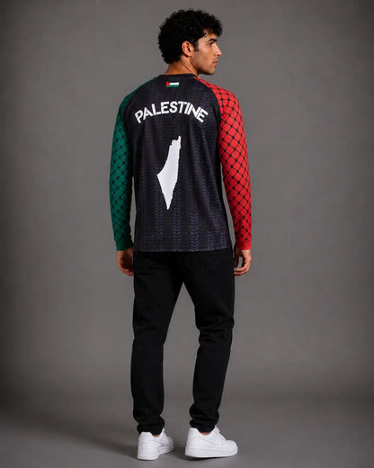 Black long sleeve Palestine jersey · back view · The Real Guys