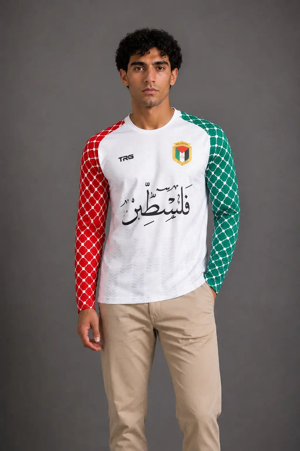 White long sleeve Palestine jersey · front view · The Real Guys