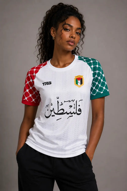 White short sleeve Palestine jersey · front view · The Real Guys