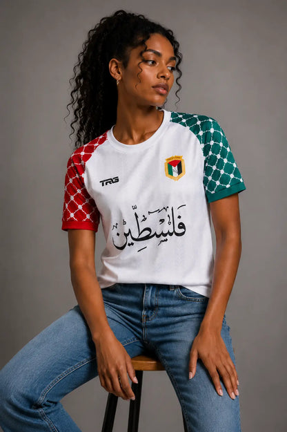 White short sleeve Palestine jersey · front view · The Real Guys