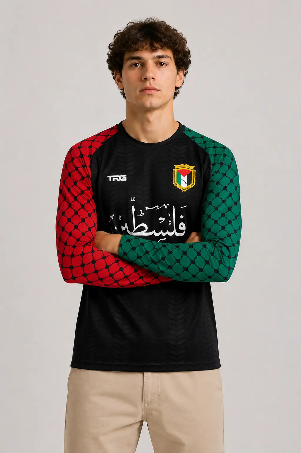 Black long sleeve Palestine jersey · front view · The Real Guys