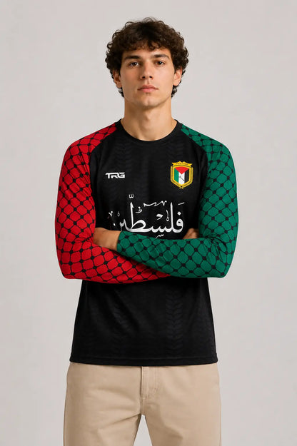 Black long sleeve Palestine jersey · front view · The Real Guys