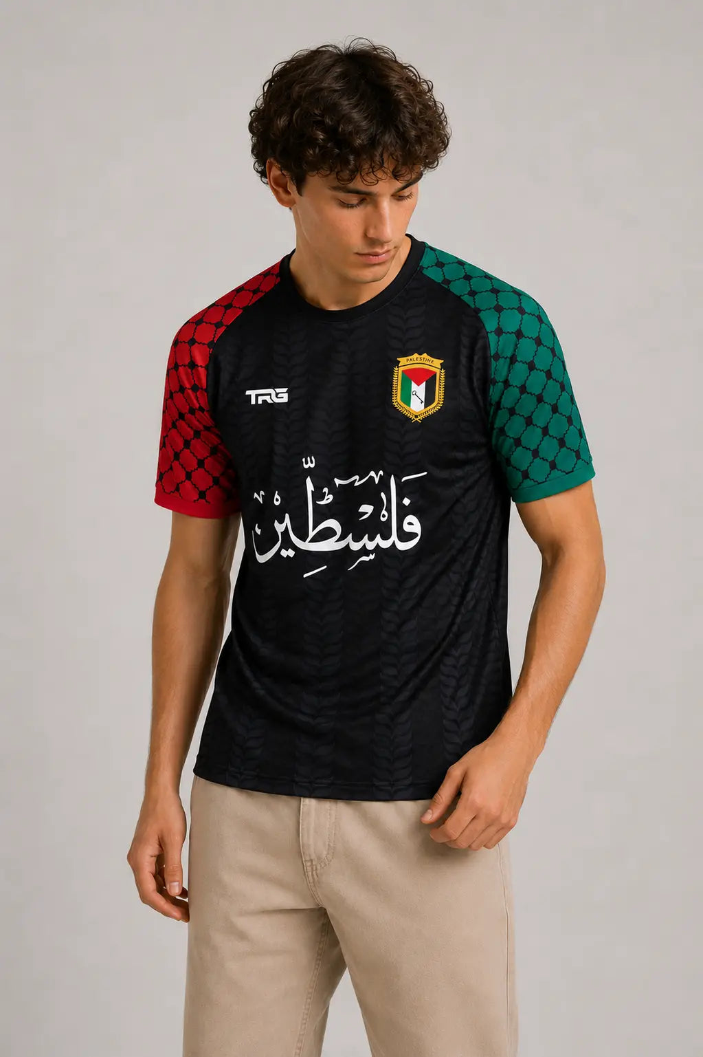 Black short sleeve Palestine jersey · front view · The Real Guys