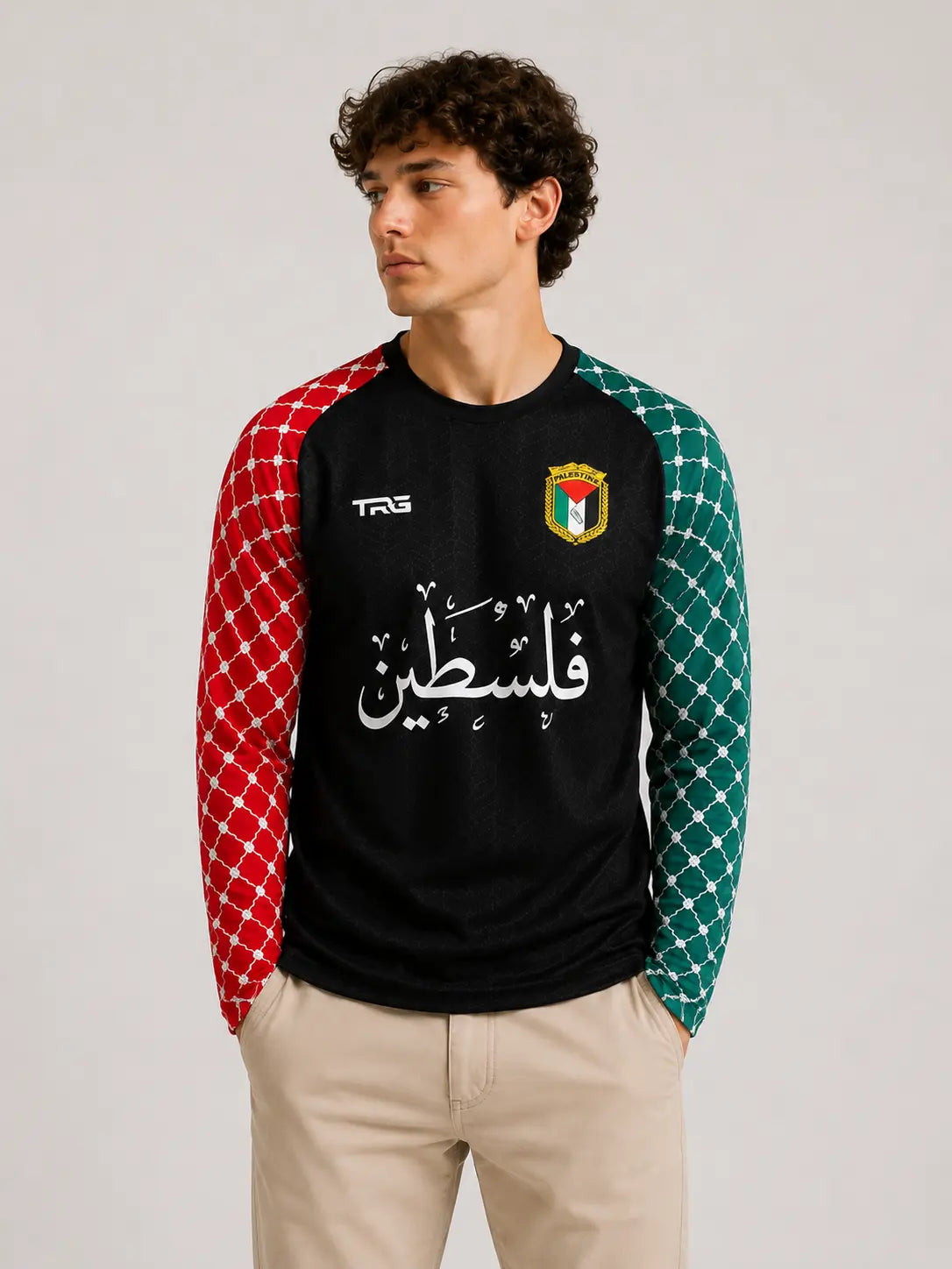 Black long sleeve Palestine jersey · front view · The Real Guys