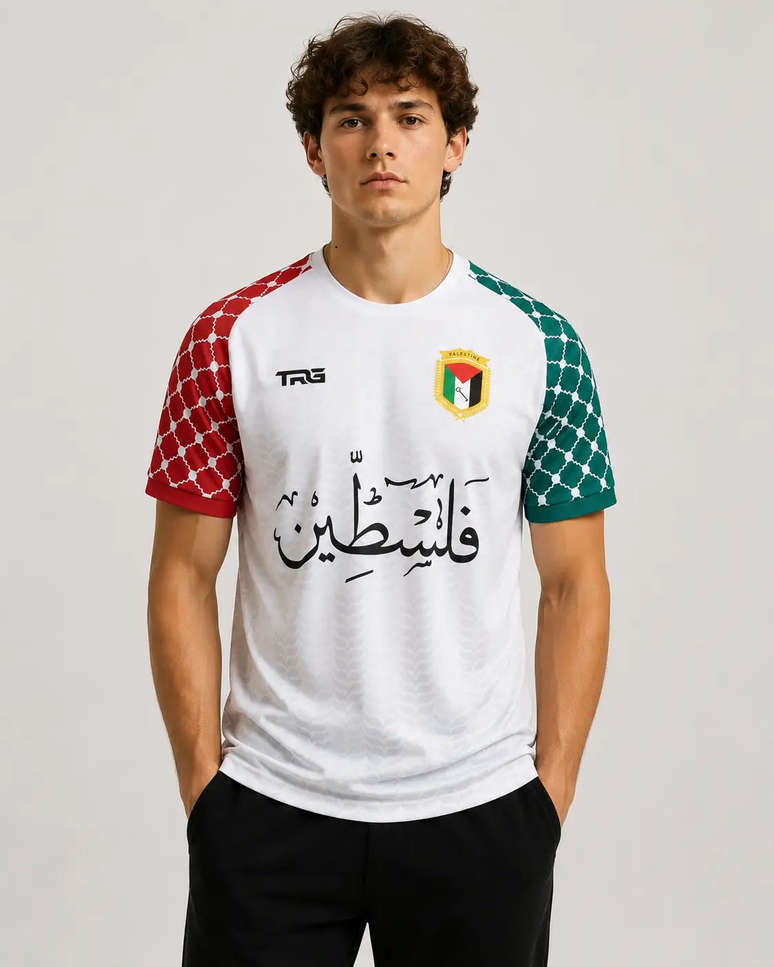 White short sleeve Palestine jersey · front view · The Real Guys