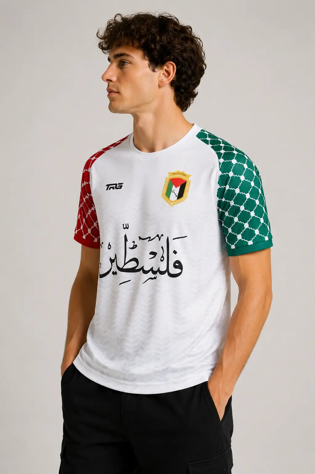 White short sleeve Palestine jersey · side view · The Real Guys