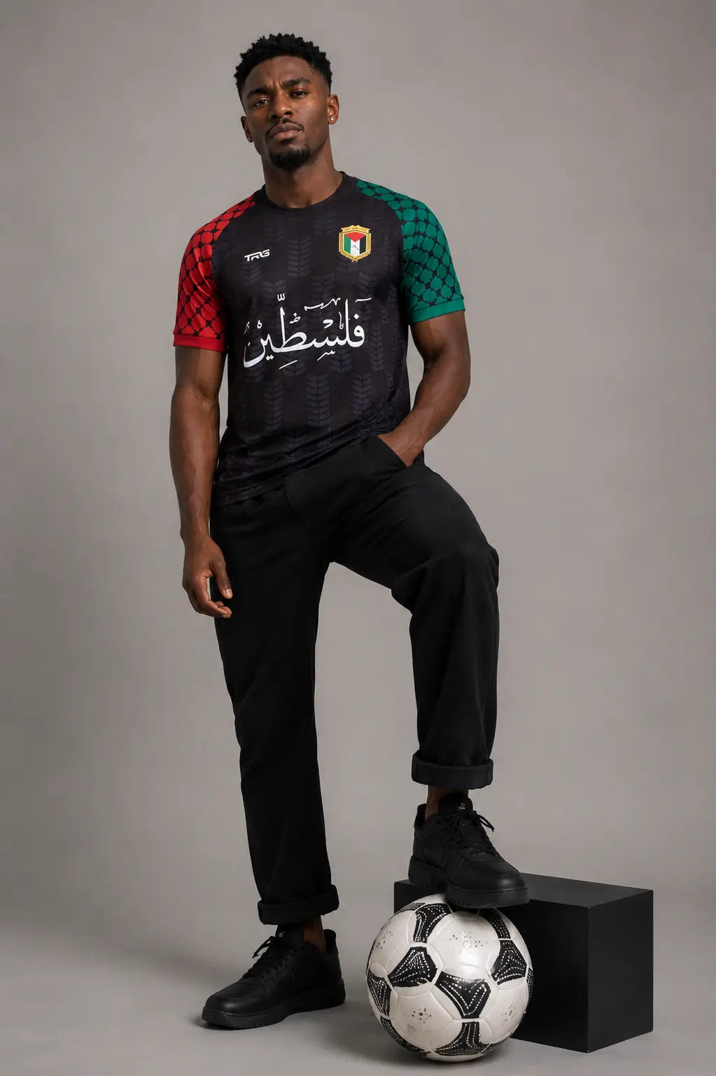 Black short sleeve Palestine jersey · front view · The Real Guys