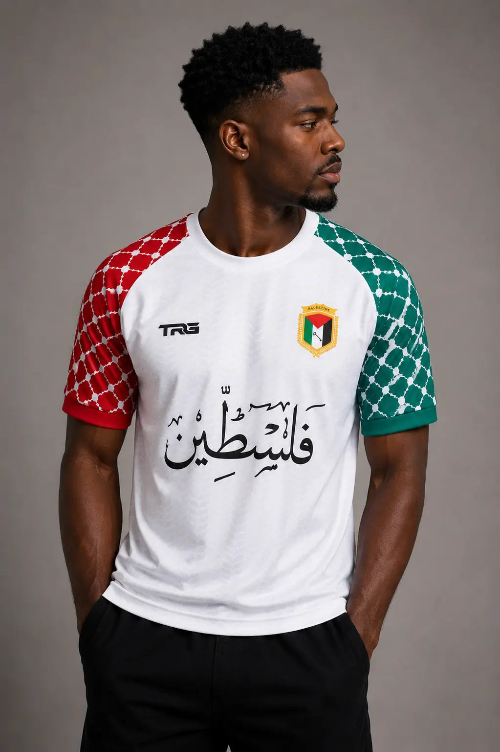 White short sleeve Palestine jersey · front view · The Real Guys