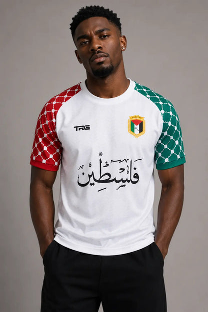 White short sleeve Palestine jersey · front view · The Real Guys
