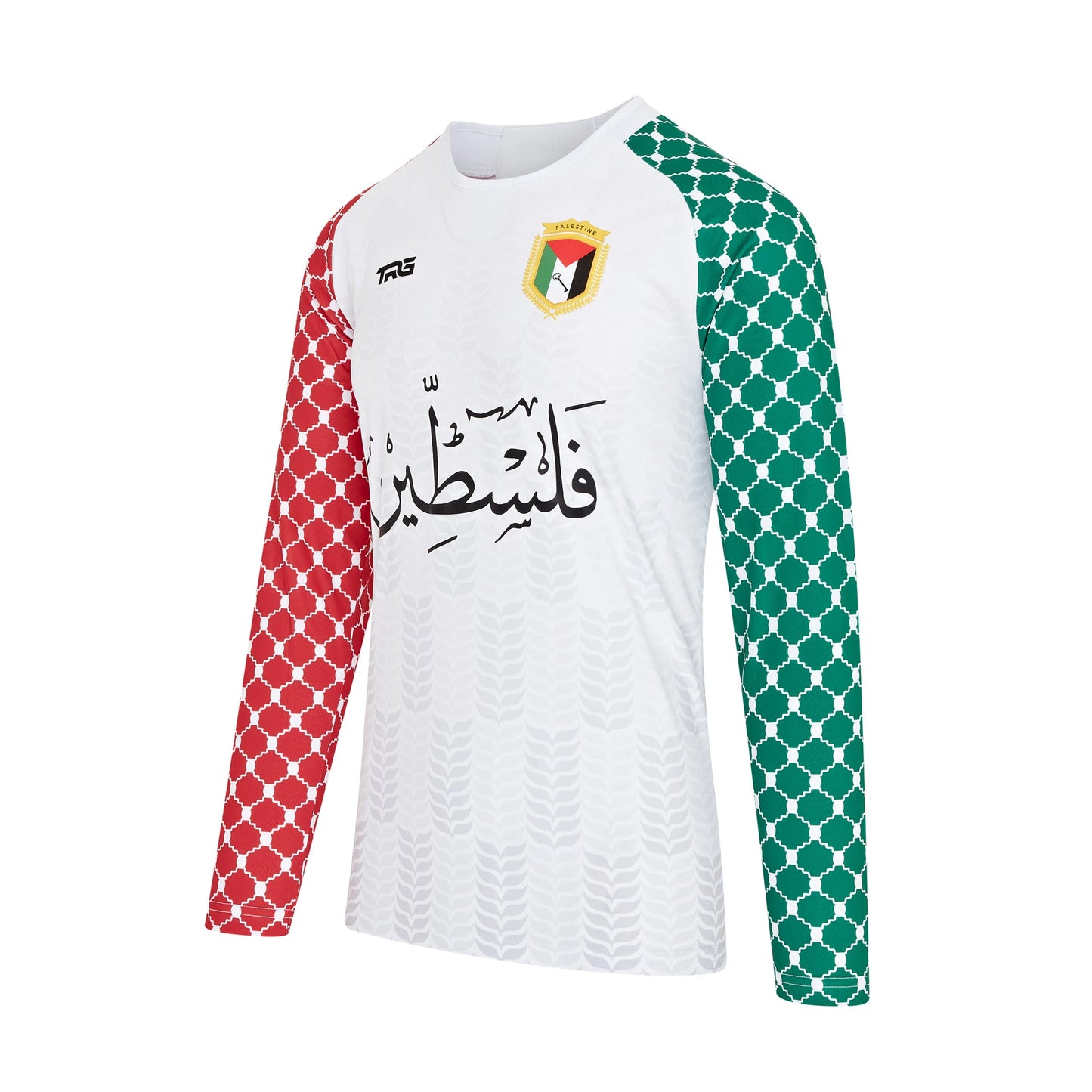 Angled view of white full sleeve Palestine shirt — red and green keffiyeh sleeves and embroidered patch