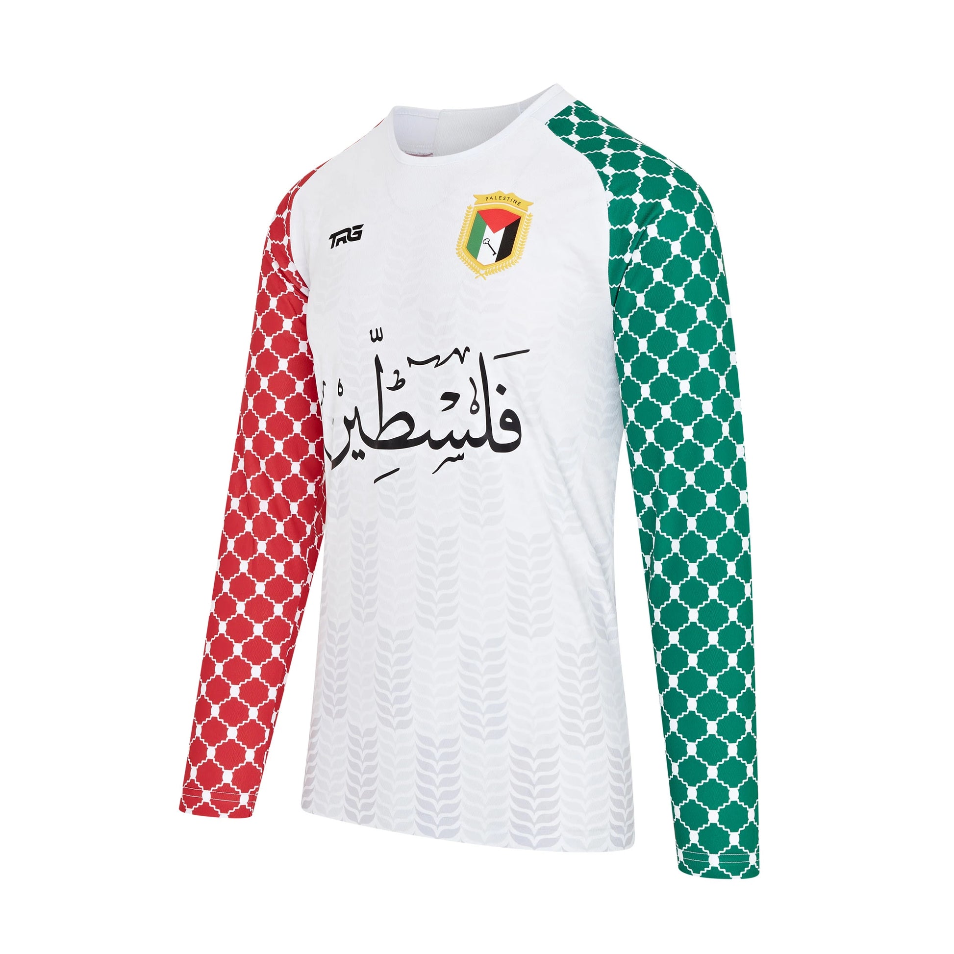 Angled view of white full sleeve Palestine shirt — red and green keffiyeh sleeves and embroidered patch
