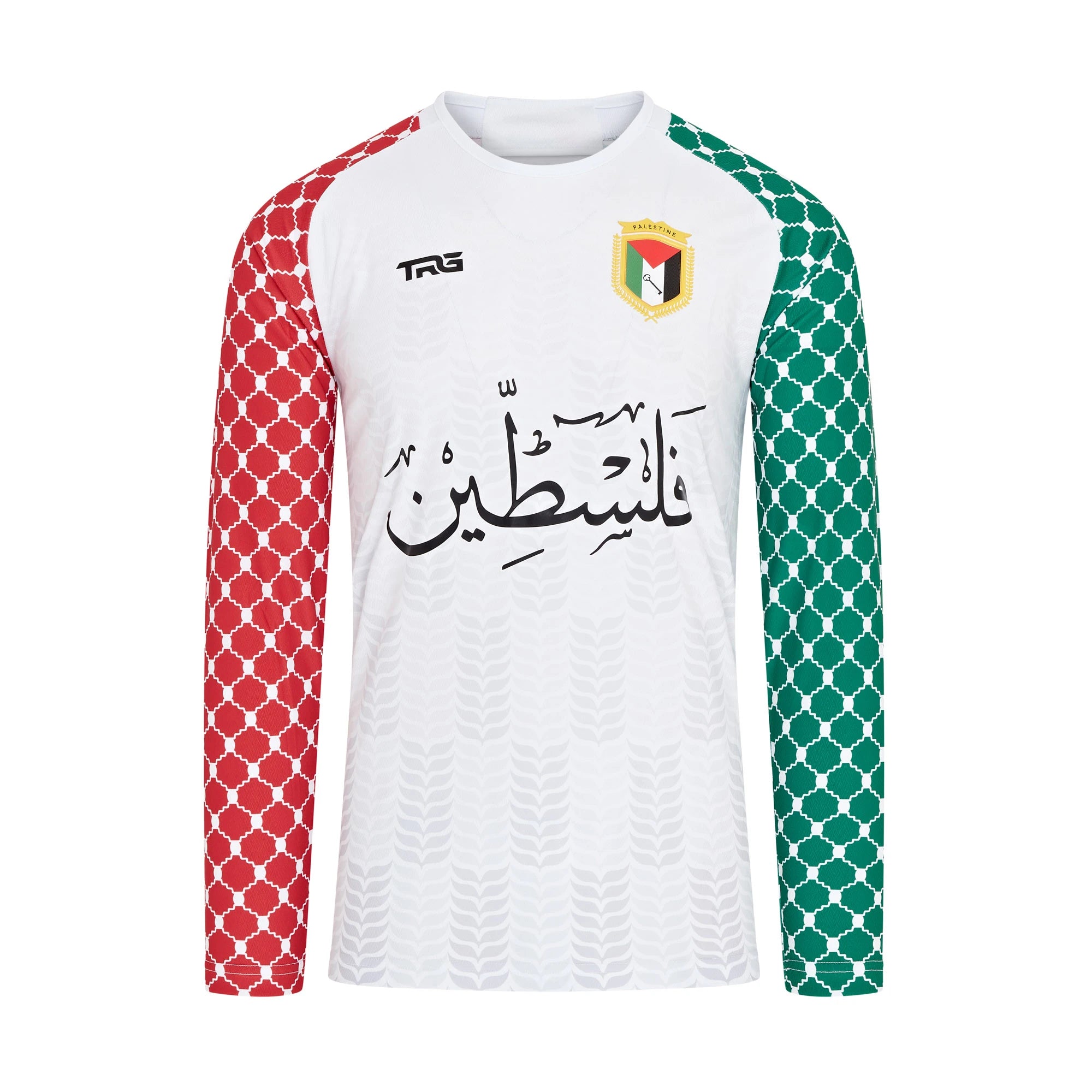 Front view of full sleeve white Palestine football jersey — Arabic calligraphy with keffiyeh sleeves