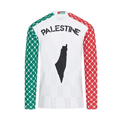 Back of full sleeve white Palestine football jersey — map of Palestine and bold PALESTINE text