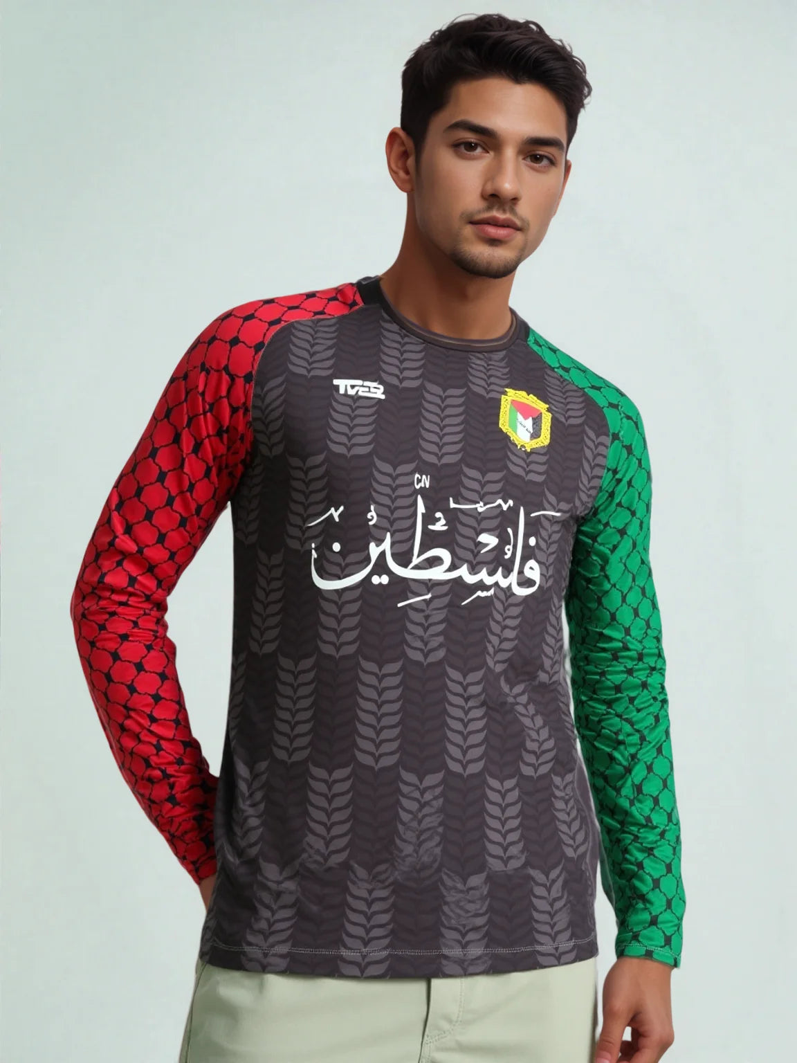 Palestinian football top black full sleeve front view, model 2