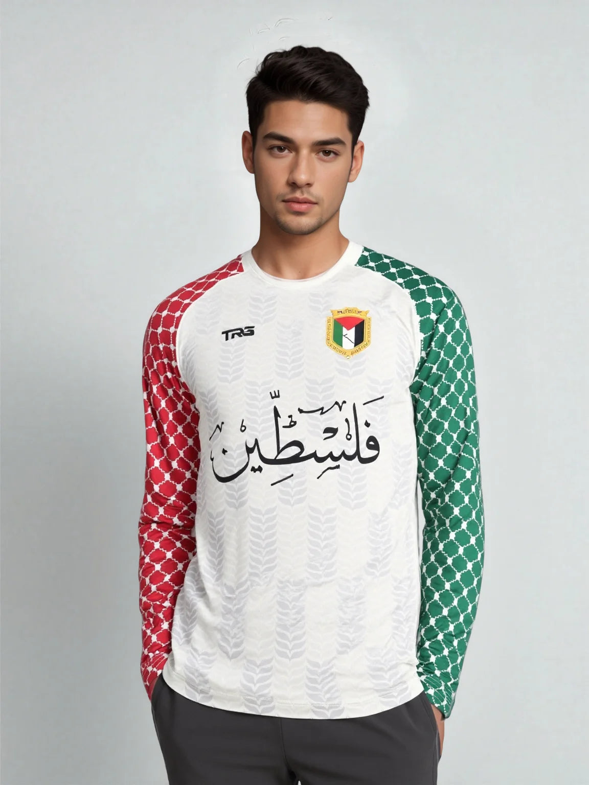 Palestinian football top white full sleeve front view, model 1