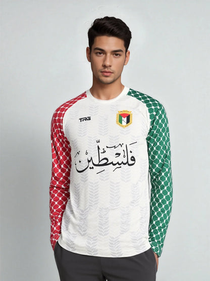Palestinian football top white full sleeve front view, model 1