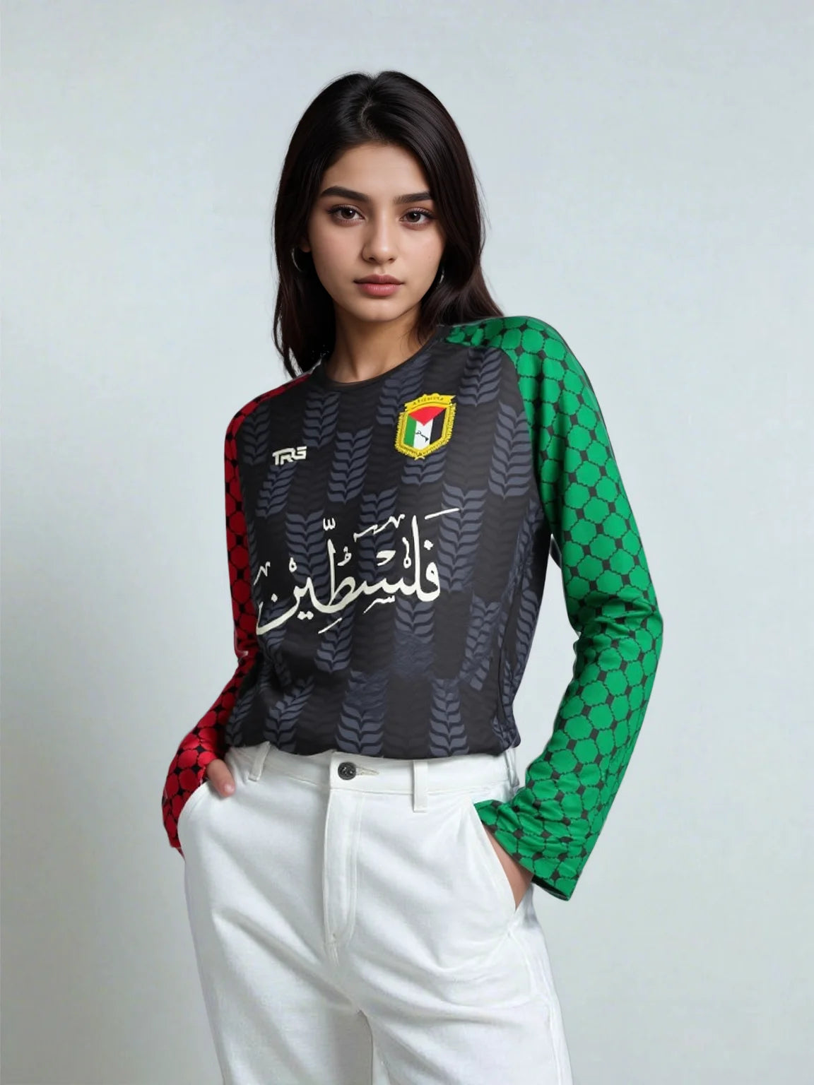 Free Palestine black full sleeve shirt front view, female model