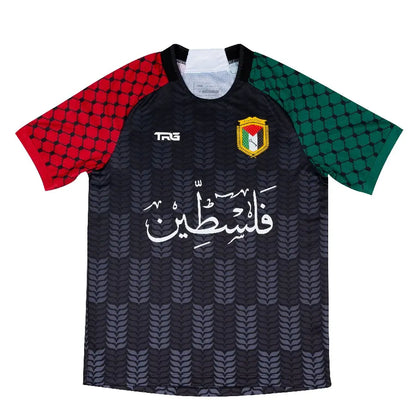 Front view of Free Palestine black shirt with Arabic text and crest


