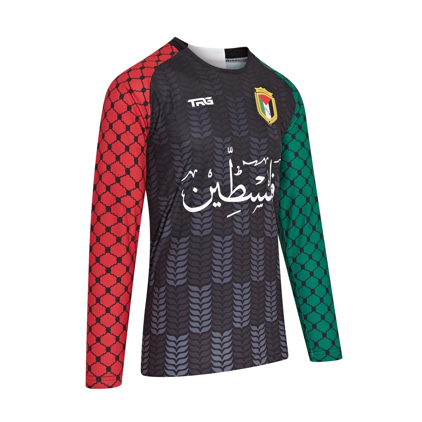 Angled shot of Palestinian t-shirt with red and green keffiyeh pattern — Gaza solidarity wear