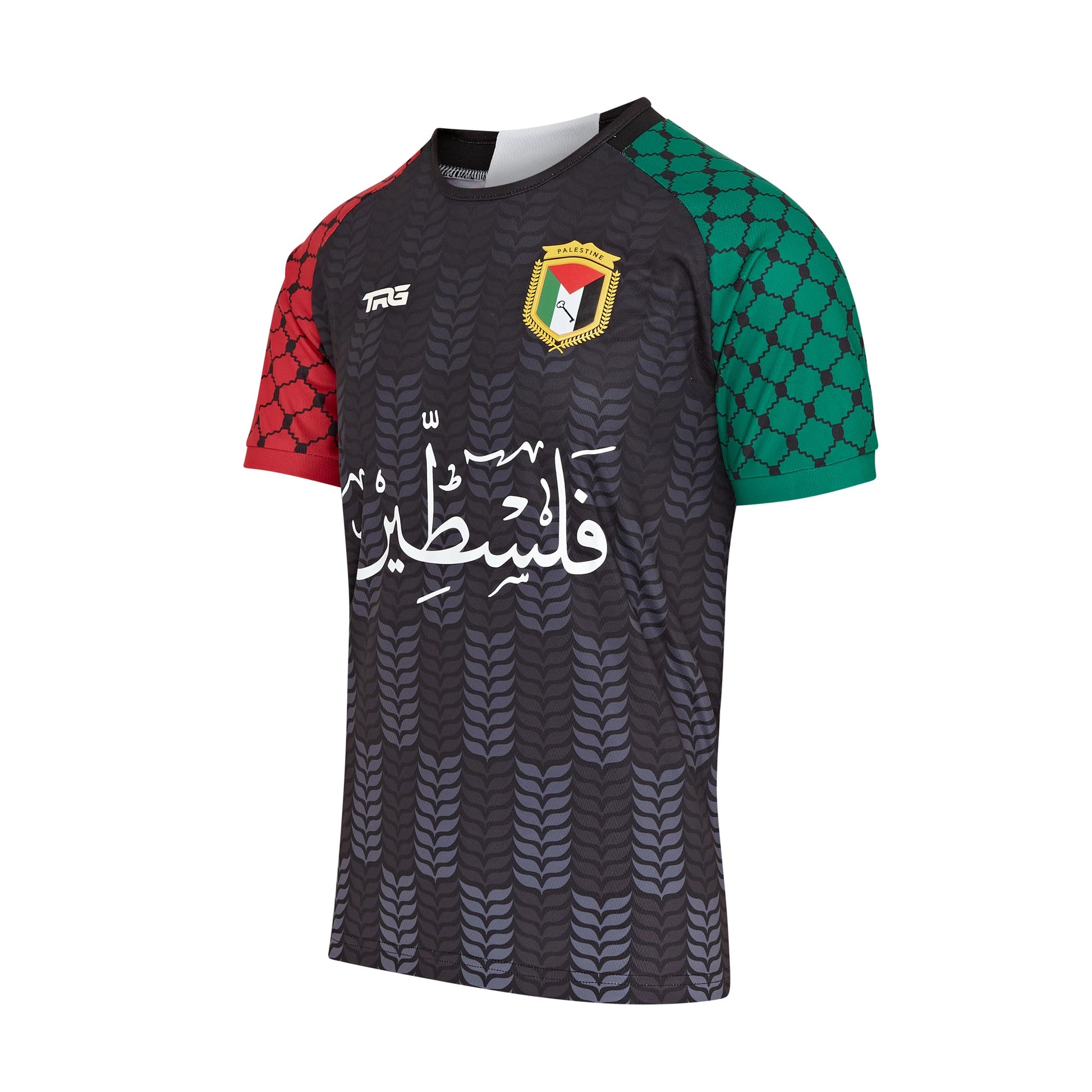 Palestine t-shirt black front view with Arabic calligraphy and keffiyeh print sleeves — pro Palestine apparel
