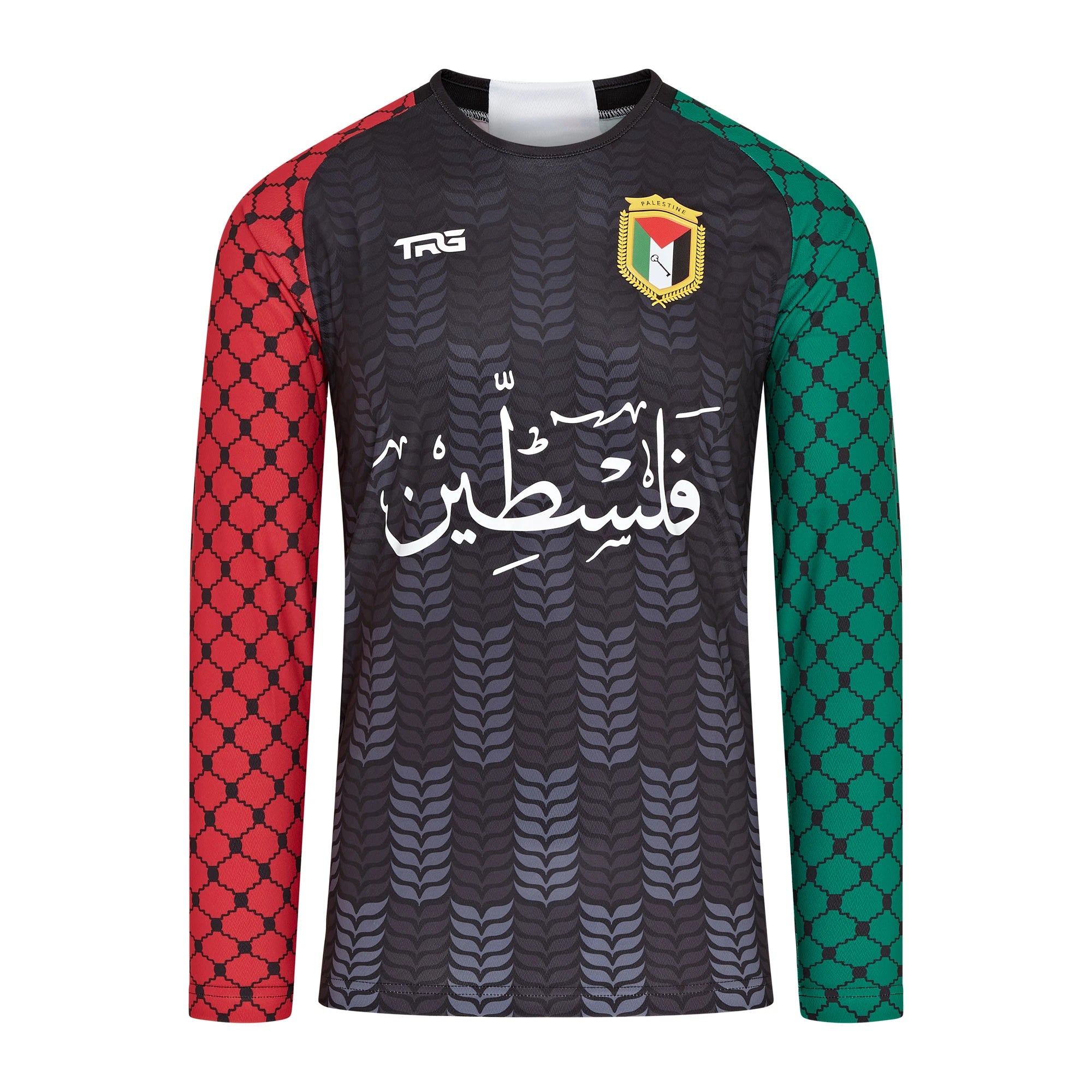 Palestine t-shirt on male model — Arabic calligraphy, keffiyeh sleeves, freedom apparel