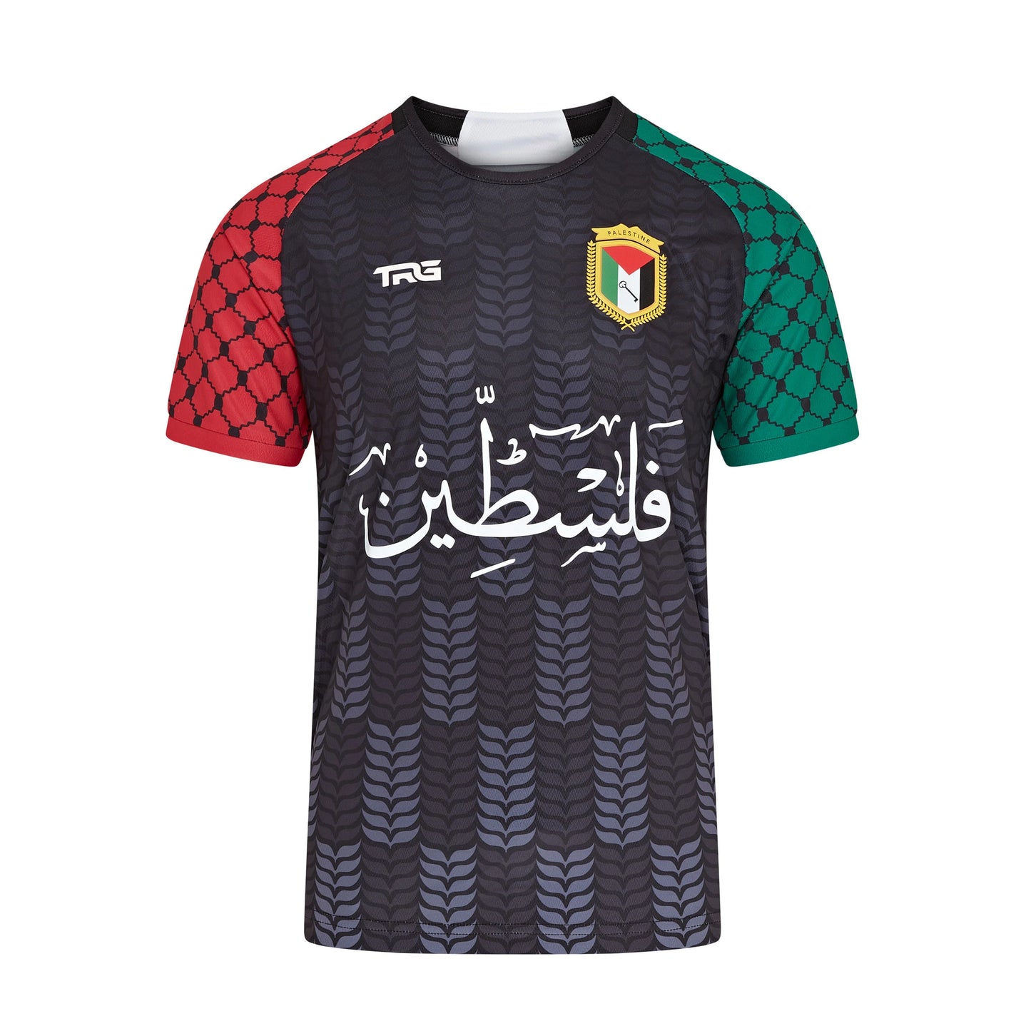 Palestine t-shirt black front view with Arabic calligraphy and keffiyeh print sleeves — pro Palestine apparel