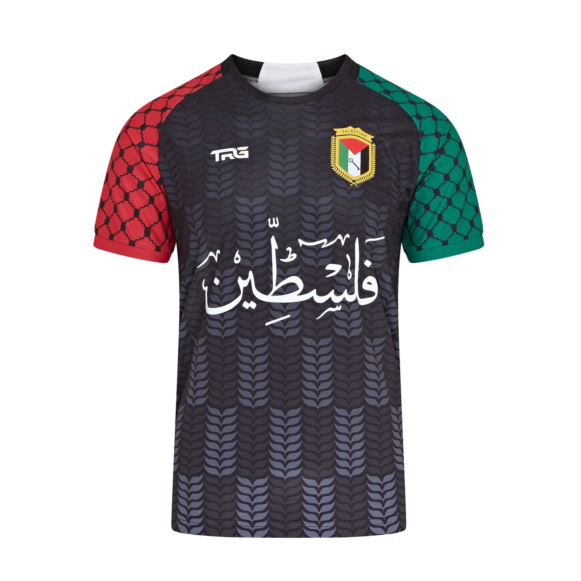 Palestine t-shirt black front view with Arabic calligraphy and keffiyeh print sleeves — pro Palestine apparel