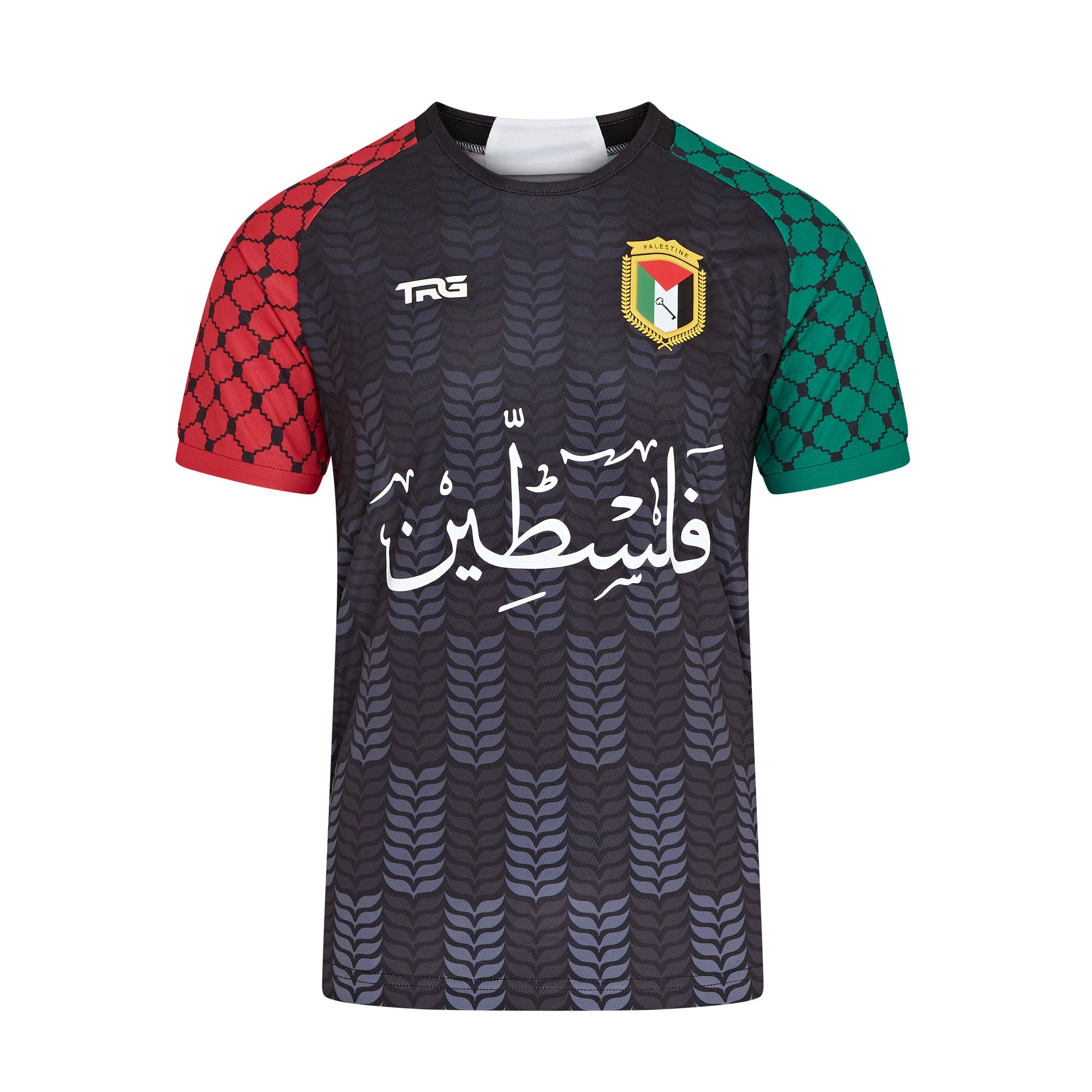 Palestine t-shirt black front view with Arabic calligraphy and keffiyeh print sleeves — pro Palestine apparel