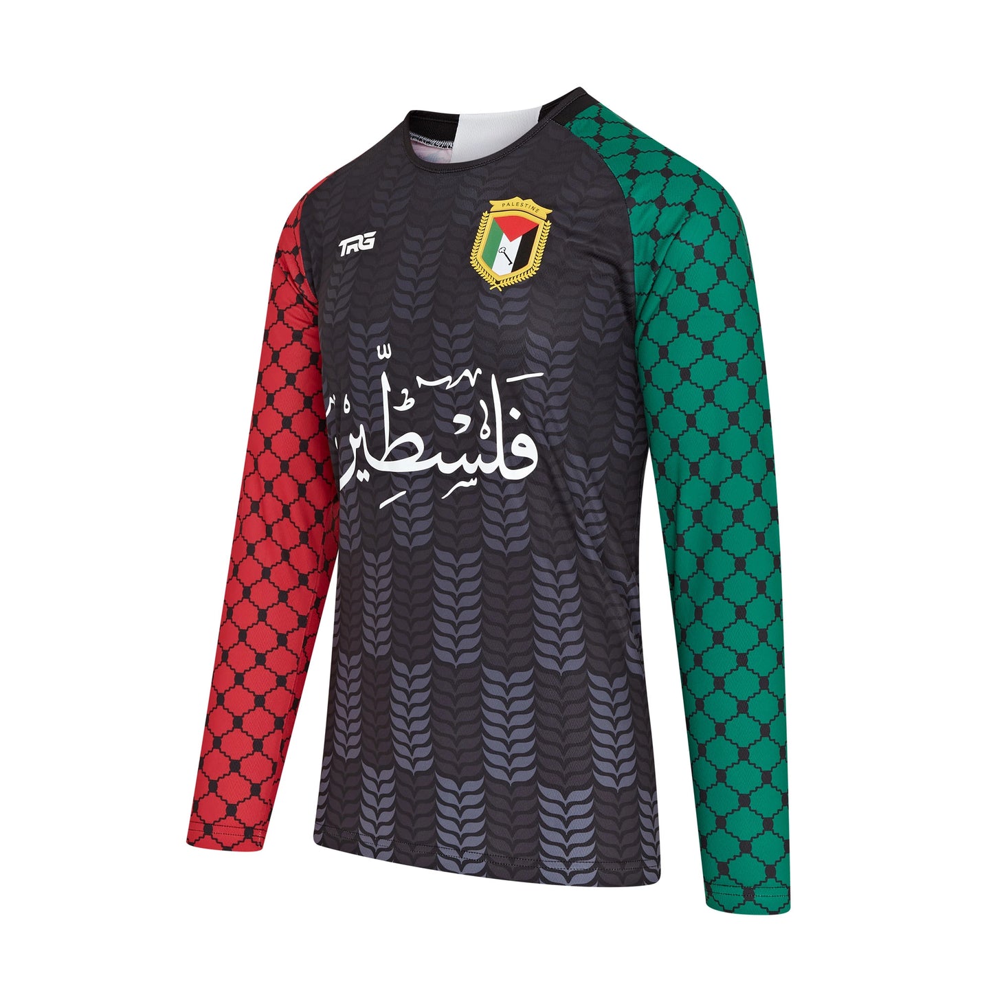 Close-up of Palestine t-shirt front — embroidered badge, resistance fashion details