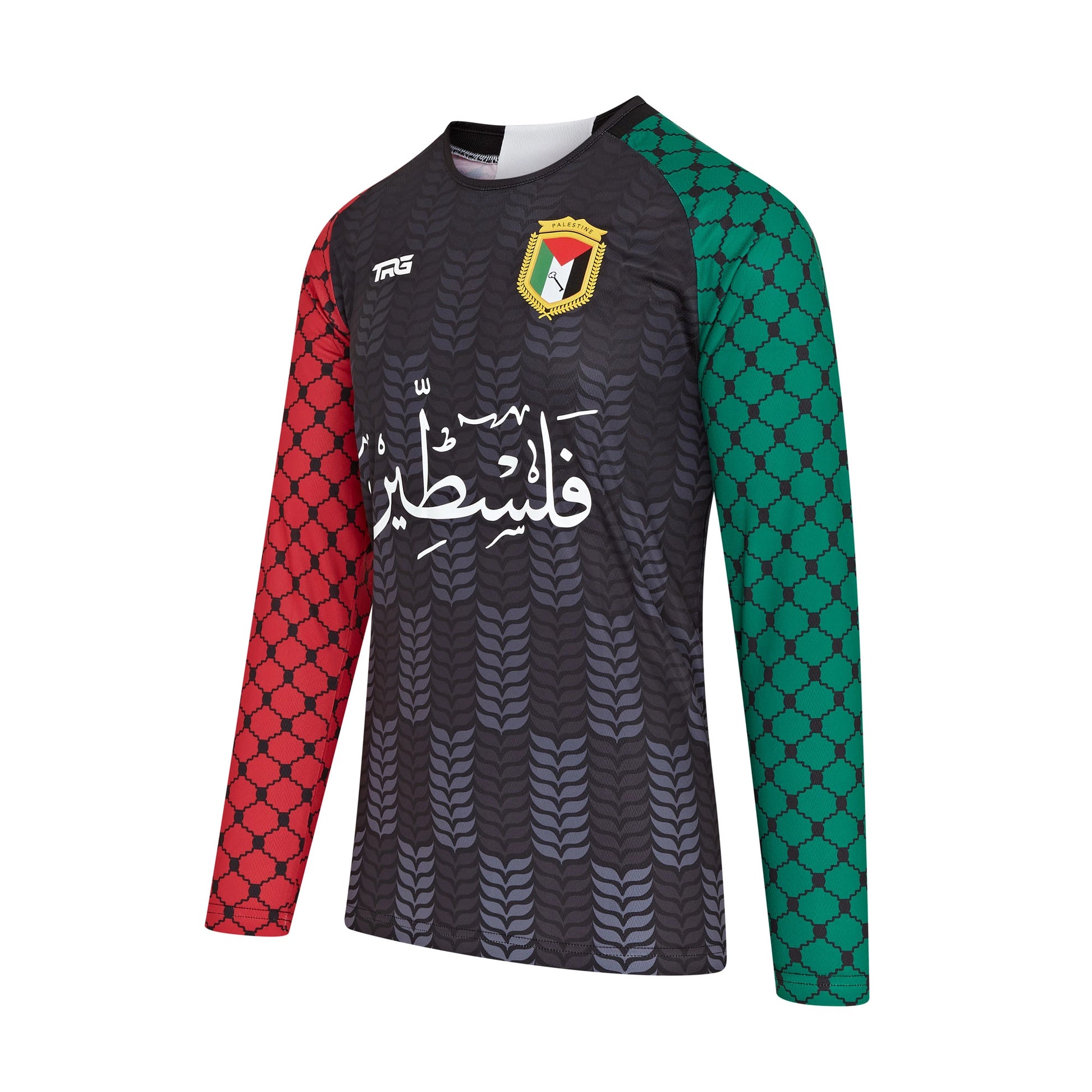 Close-up of Palestine t-shirt front — embroidered badge, resistance fashion details