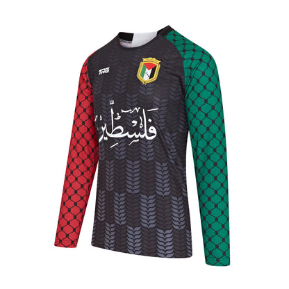 Close-up of Palestine t-shirt front — embroidered badge, resistance fashion details