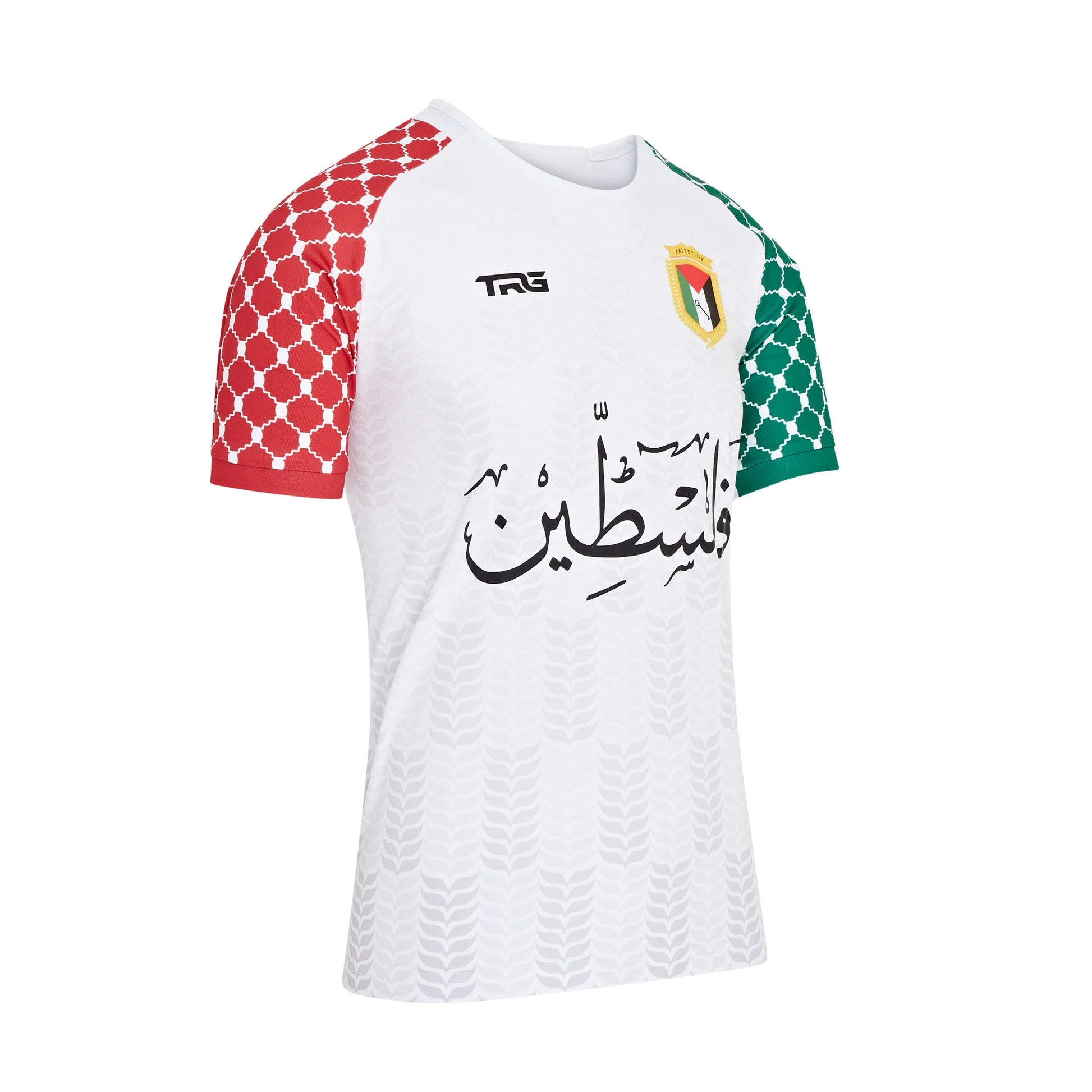 Angled view of Free Palestine t-shirt in white — keffiyeh pattern sleeves and embroidered badge