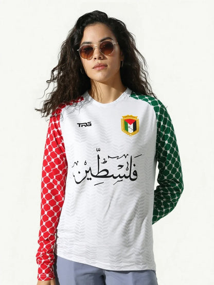 Free Palestine white full sleeve t-shirt front view, model 1