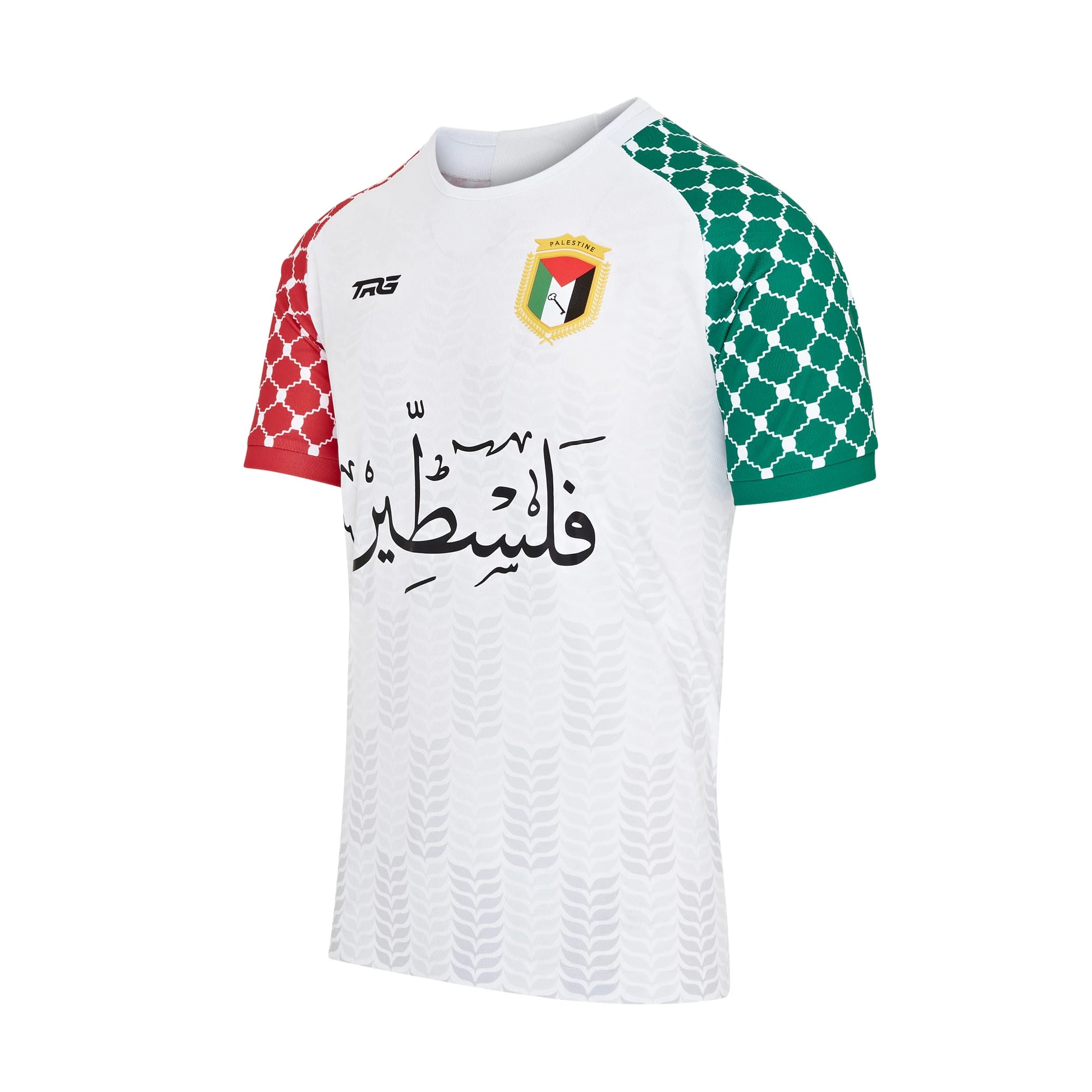 Close-up of Arabic Palestine shirt — white background with Gaza red and green sleeves