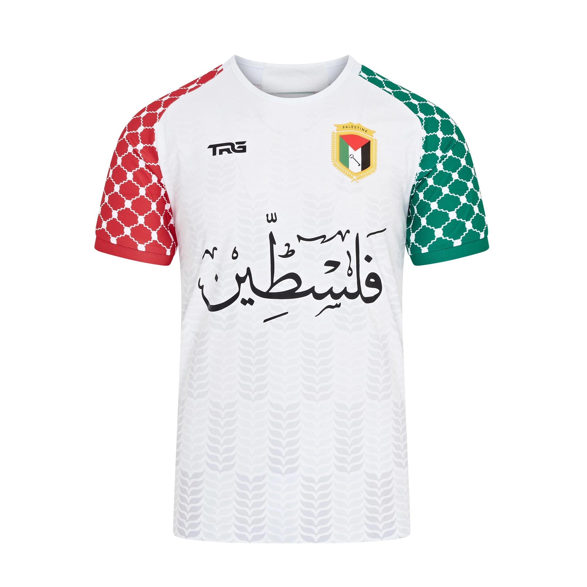 Front of white Palestine t-shirt with Arabic calligraphy — keffiyeh sleeves, male model view